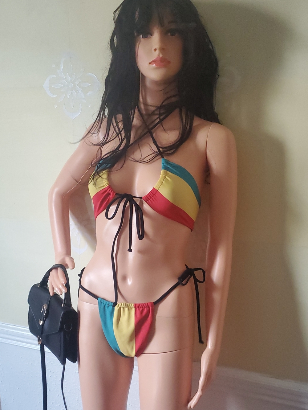 Striped Multicolor Triangle Bikini Set - Yellow, Teal & Red